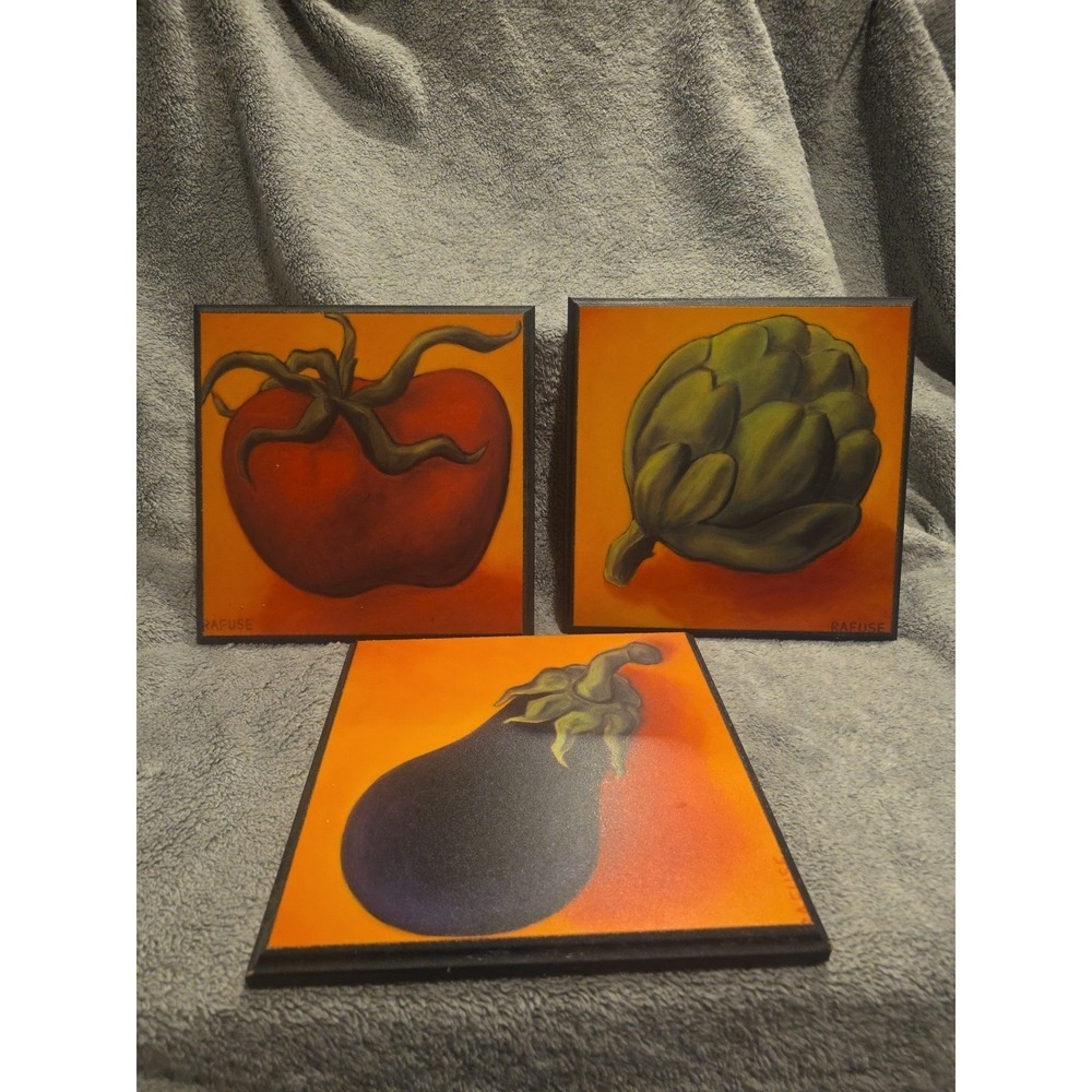 WILL RAFUSE Wood Wall Block Decor-Red‎ Tomato, Artichoke & Purple Egg Plant 8X8